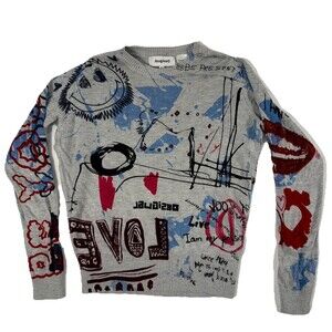 Desigual Graphic Art To Wear Sweater XS Gray Abstract Print Crewneck Pullover